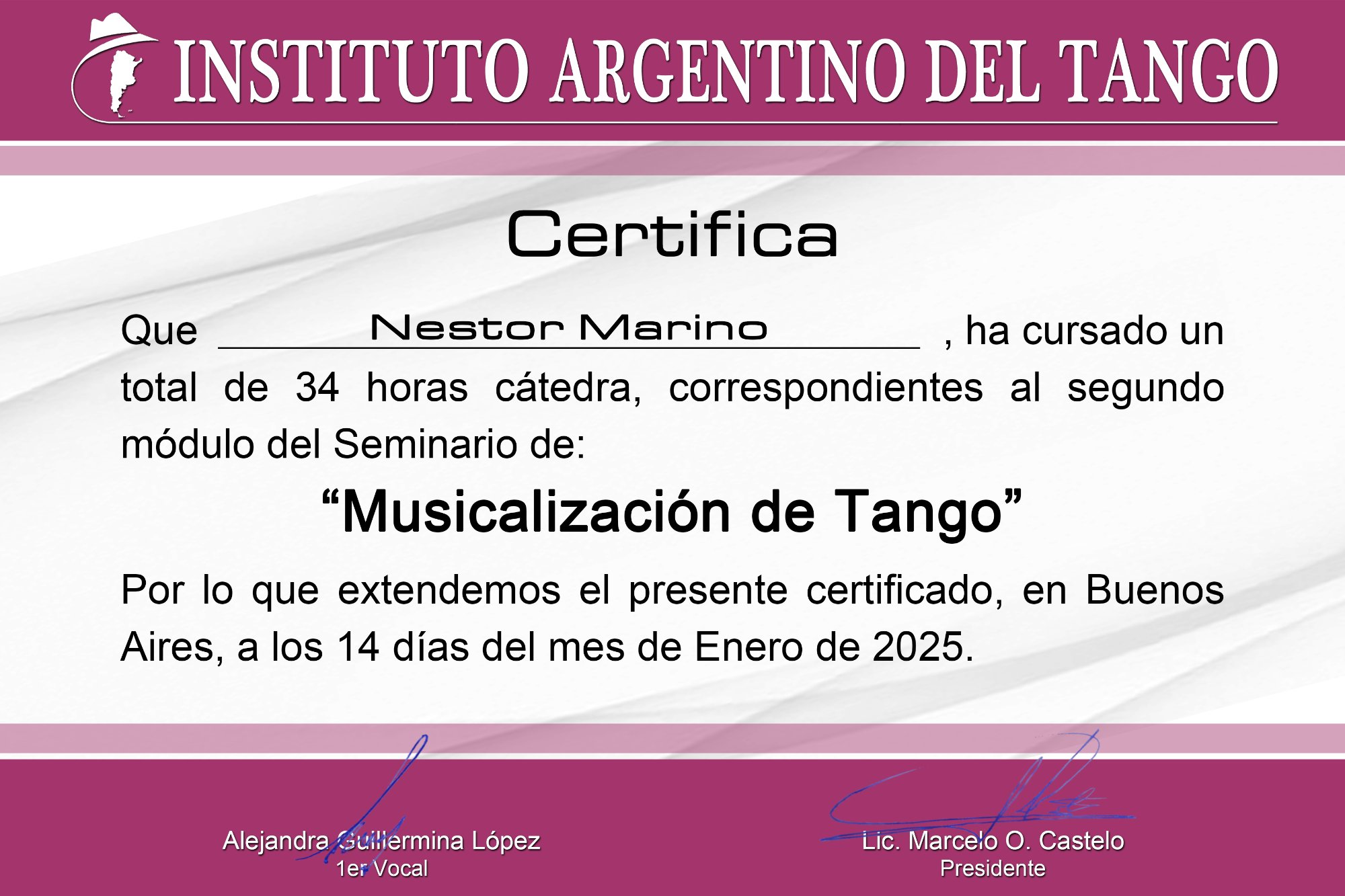 Certificado Seminario Musicalización de Tango – Instituto Argentino del Tango, Enero 2025
