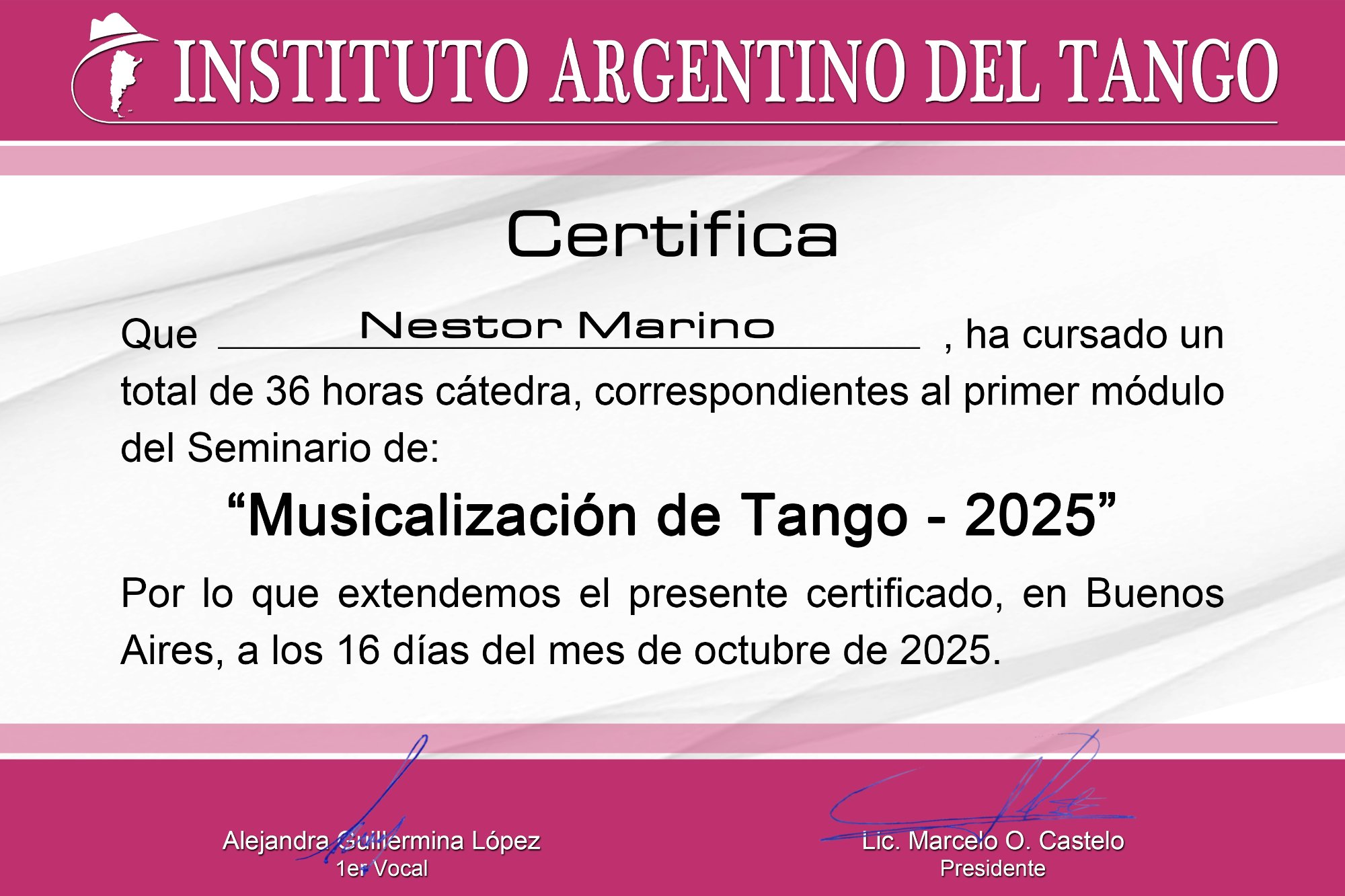 Certificado Seminario Musicalización de Tango 2025 – Primer Módulo, Octubre 2025